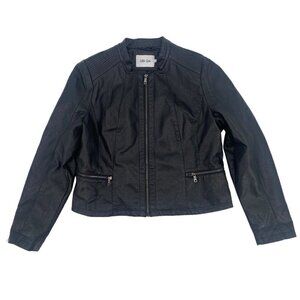 Black Vegan Faux Leather Zip Up Moto Jacket Women's Size Large Grunge Little Gem